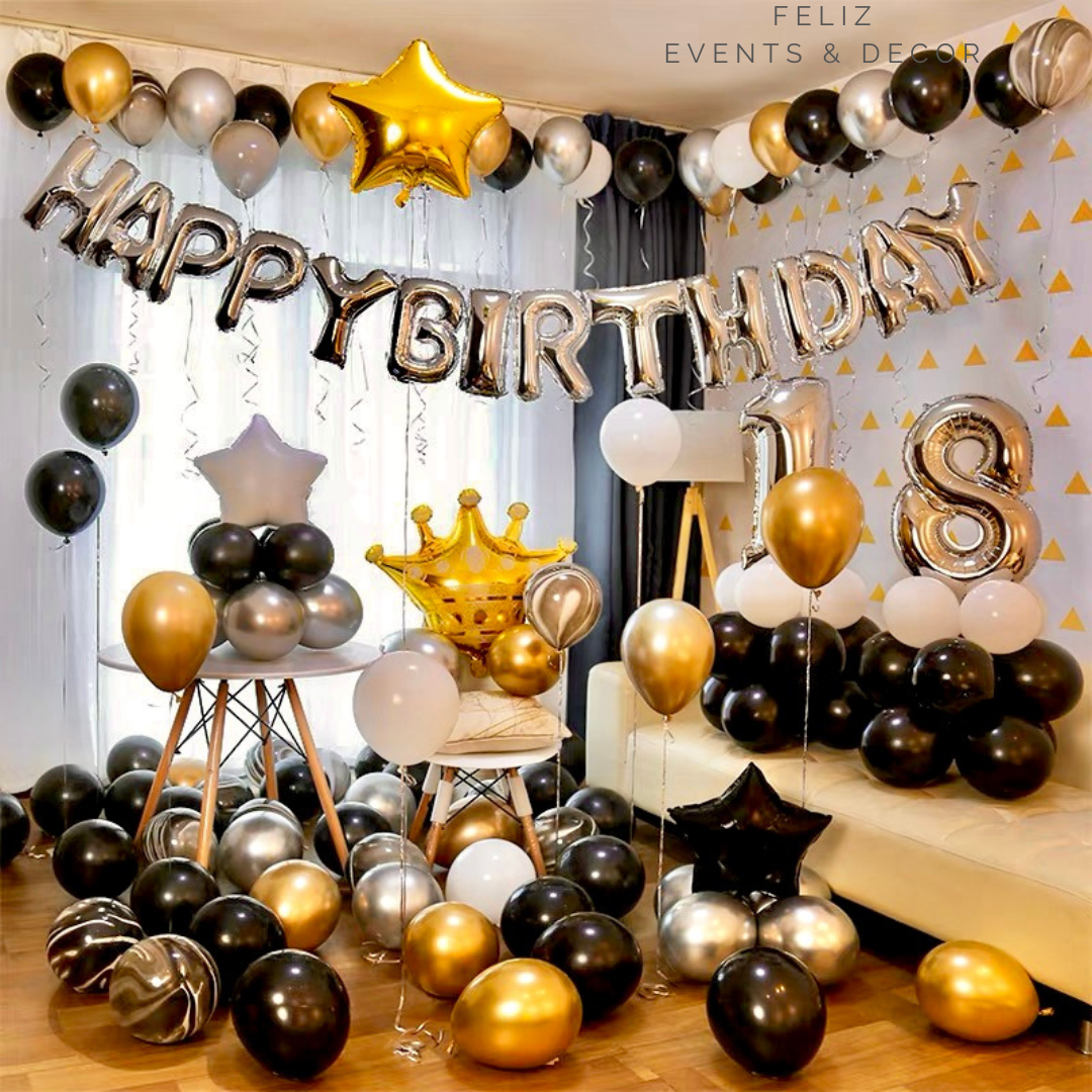 Black and Gold Birthday Party Set Hong Kong, Chrome Gold Balloons, Agate Black Balloons, Silver Number Balloon Stand, Men's Birthday Decor, Luxury Balloon Styling, Helium Balloons Hong Kong, 香港氣球, 黑金生日佈置, 男士派對氣球, 瑪瑙氣球, 數字氣球座, 皇冠氣球。