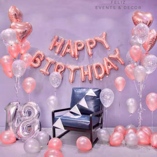 Romantic Rose Gold and Silver Balloon Set, Rose Gold Happy Birthday Balloon, Silver Triangle Bunting, Helium Balloon Bouquet, Confetti Silver Balloons, Rose Gold Heart Balloons, Hong Kong Party Decoration, 香港氣球佈置, 玫瑰金生日氣球, 銀色閃片氣球, 氦氣球束, 上門氣球佈置服務。