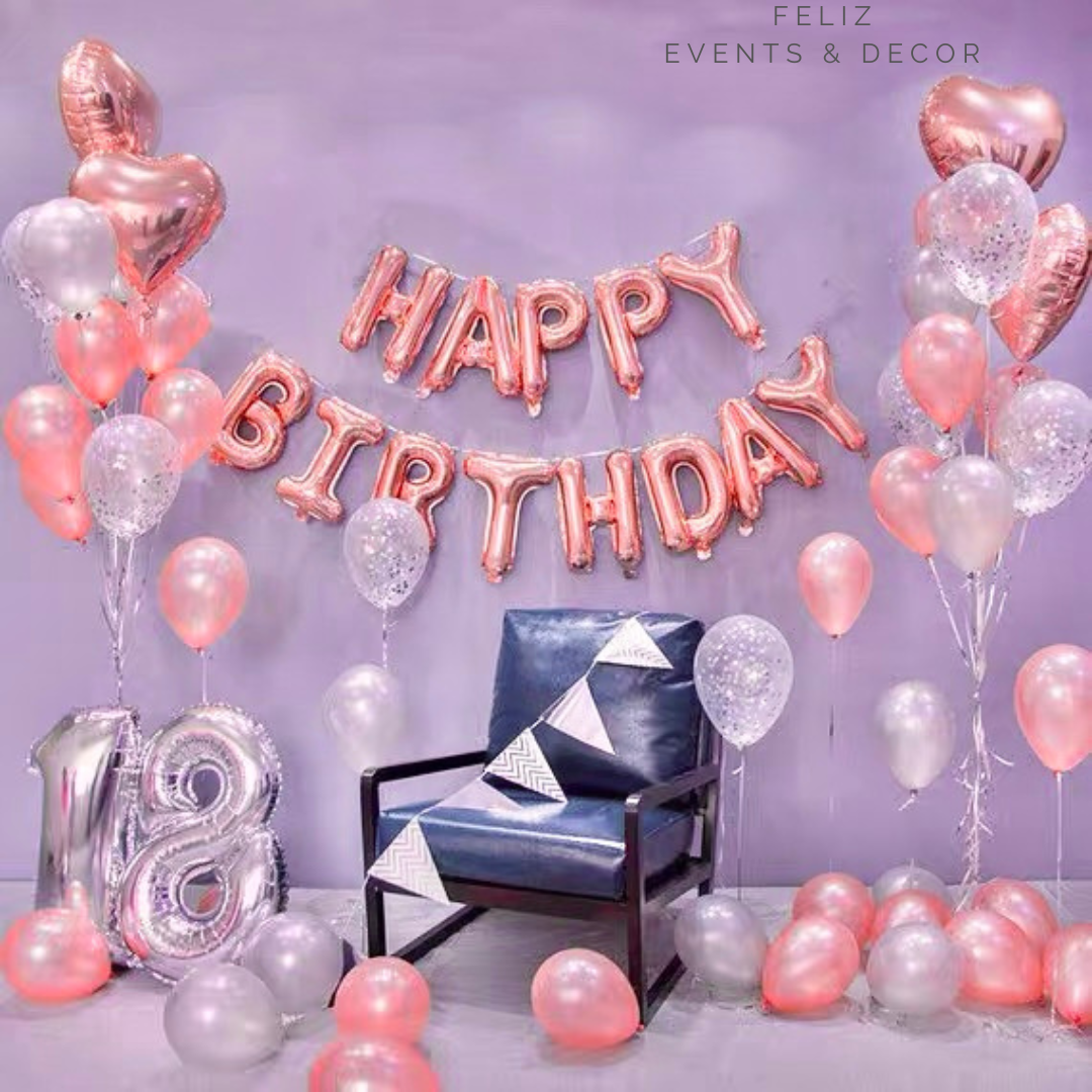 Romantic Rose Gold and Silver Balloon Set, Rose Gold Happy Birthday Balloon, Silver Triangle Bunting, Helium Balloon Bouquet, Confetti Silver Balloons, Rose Gold Heart Balloons, Hong Kong Party Decoration, 香港氣球佈置, 玫瑰金生日氣球, 銀色閃片氣球, 氦氣球束, 上門氣球佈置服務。