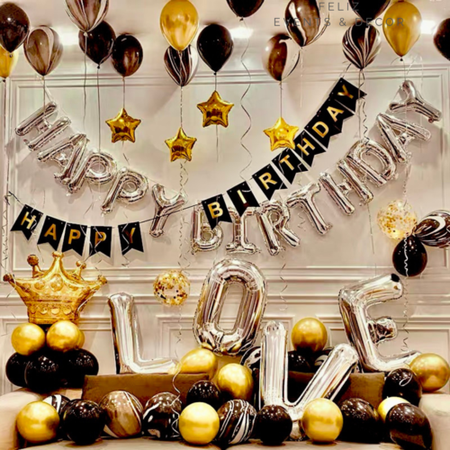 Classic Luxury Black & Gold Balloon Decoration Package Hong Kong, Giant Silver LOVE Foil Balloon, Crown Balloon Stand, Agate Black and Metallic Gold Helium Balloons, Adult Birthday Party Decor HK, Proposal Decoration Hong Kong, 經典奢華黑金主題氣球佈置套裝，香港巨型LOVE氣球，皇冠造型氣球，瑪瑙黑金屬金氦氣球，香港求婚佈置，生日派對上門佈置服務。