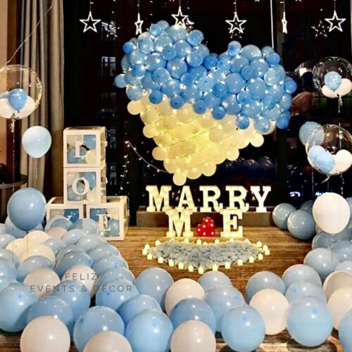 Dreamy Blue White Proposal Decoration Hong Kong, Marry Me Lights, Red Heart Light, Giant Heart Balloon, Love Balloon Box, LED Candles, Sky Blue Petals, 香港求婚佈置, 藍白氣球, 專人上門佈置。