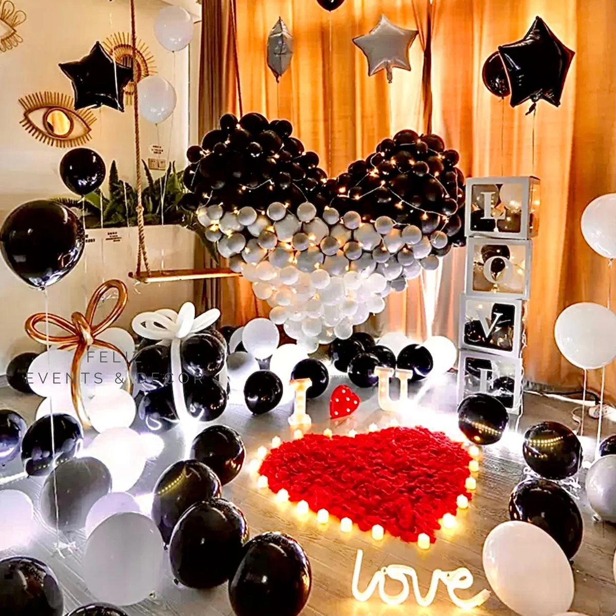 Luxury Black White Silver Proposal Decoration Hong Kong, Giant Heart Balloon, I Love U Lights, LED Candles, Red Petals, LOVE Balloon Box, 香港求婚佈置, 黑色白色主題, 專人上門佈置。