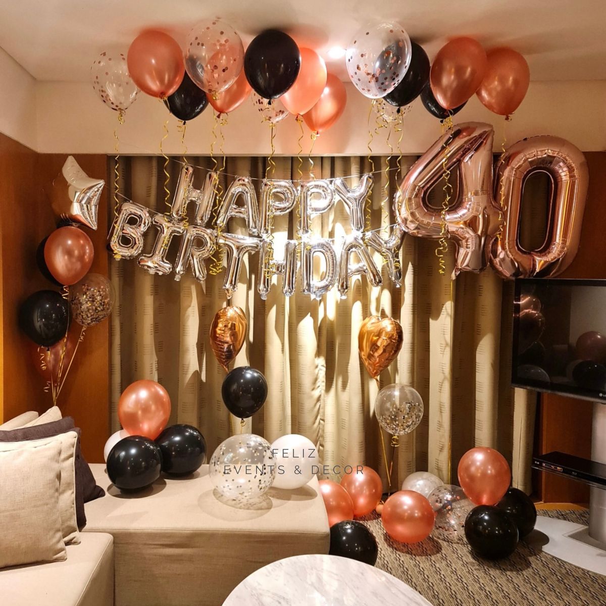 Rose Gold and Black Birthday Party Set Hong Kong, Silver Happy Birthday Banner, Pearl Rose Gold Balloons, Black Helium Balloons, Semi-floating Number Balloons, Chic Party Decor, Helium Balloons Hong Kong, 香港氣球, 玫瑰金黑色生日佈置, 數字氣球, 型格派對。