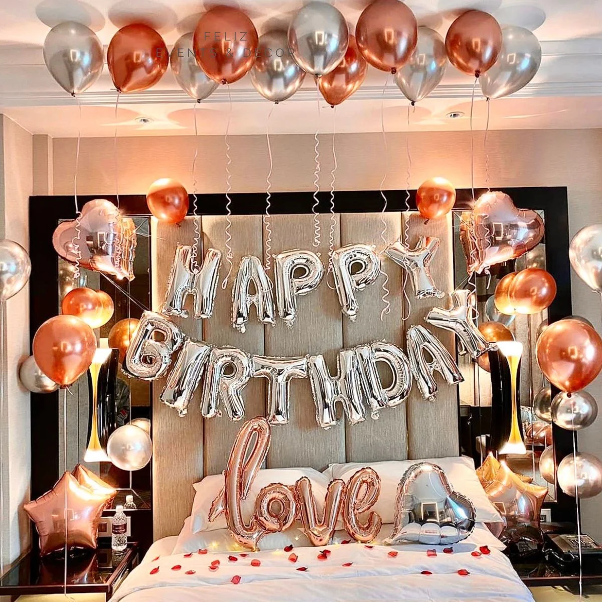 Rose Gold and Silver Birthday Party Decor Hong Kong, Love Foil Balloon, Romantic Hotel Room Decoration, Chrome Rose Gold Balloons, Red Rose Petals Decor, Proposal Balloon Set, Happy Birthday Silver Foil, 香港氣球佈置, 浪漫求婚氣球, 玫瑰金生日氣球, 酒店驚喜佈置。