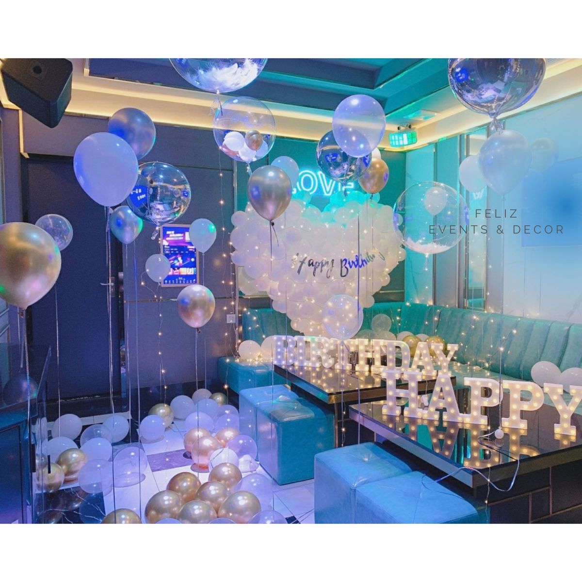Elegant White Gold Birthday Decoration Hong Kong, Giant Heart Balloon Structure, Happy Birthday Lights, Bubble Balloons, 4D Foil Balloons, Silver Banner, 香港生日佈置, 巨型心形氣球, 白金銀色系, 專人上門佈置。