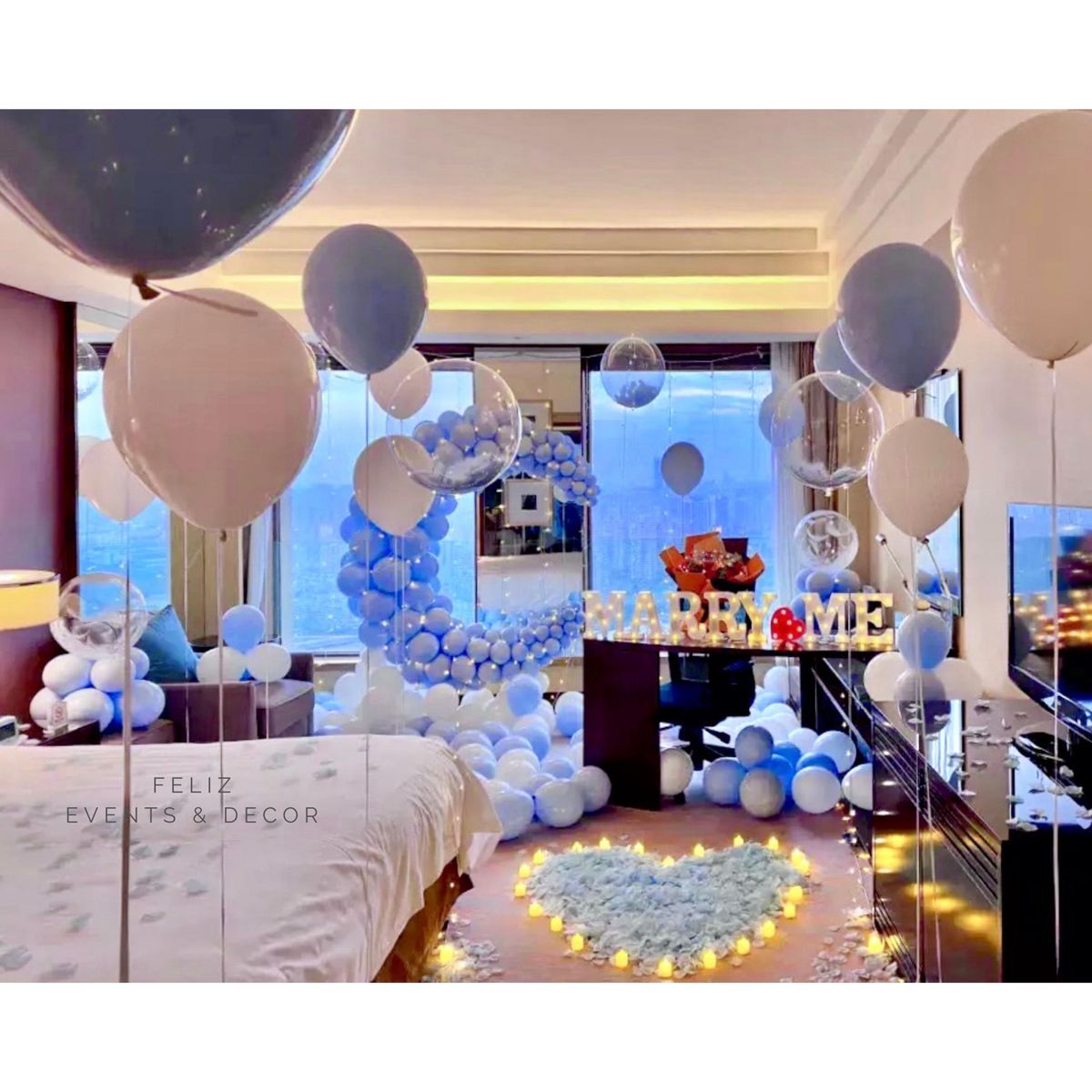 Blue Moon Proposal Decoration Hong Kong, Giant Moon Balloon, Marry Me Lights, Red Heart Light, Bubble Balloons, Macaron Blue Balloons, 香港求婚佈置, 藍色月亮氣球, 水晶氣球, 專人上門佈置。