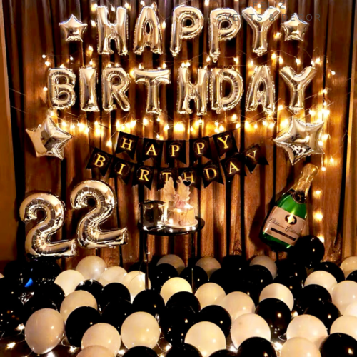 Black and White Silver Birthday Party Set Hong Kong, Silver Number Balloons, Champagne Foil Balloon, Matte Black Balloons, Matte White Balloons, Stylish Party Decor, Men's Birthday Decoration, 香港氣球, 黑白銀生日佈置, 數字氣球, 男士生日派對, 啞光氣球, 鋁膜氣球。