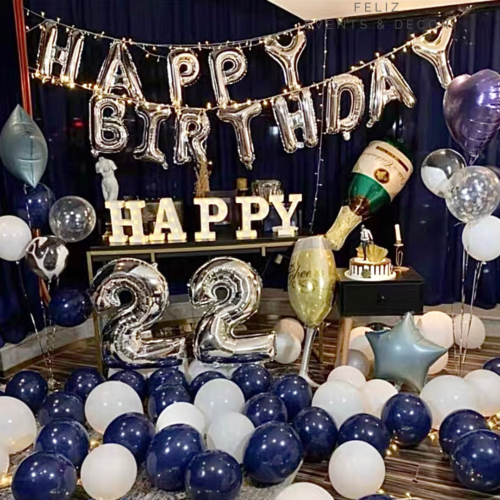 Classic Navy & Silver Champagne Theme Balloon Decoration Package, Giant Champagne Bottle and Glass Foil Balloons, Adult Birthday Party Decoration Hong Kong, Boyfriend Husband Birthday Surprise, Helium Balloon Bouquet Navy Blue, Corporate Event Decor. 經典藍銀色香檳主題氣球佈置套裝，特大香檳酒瓶酒杯鋁膜氣球，香港成人生日派對佈置，男朋友老公生日驚喜，海軍藍氦氣球束，公司週年慶祝，上門氣球佈置服務。