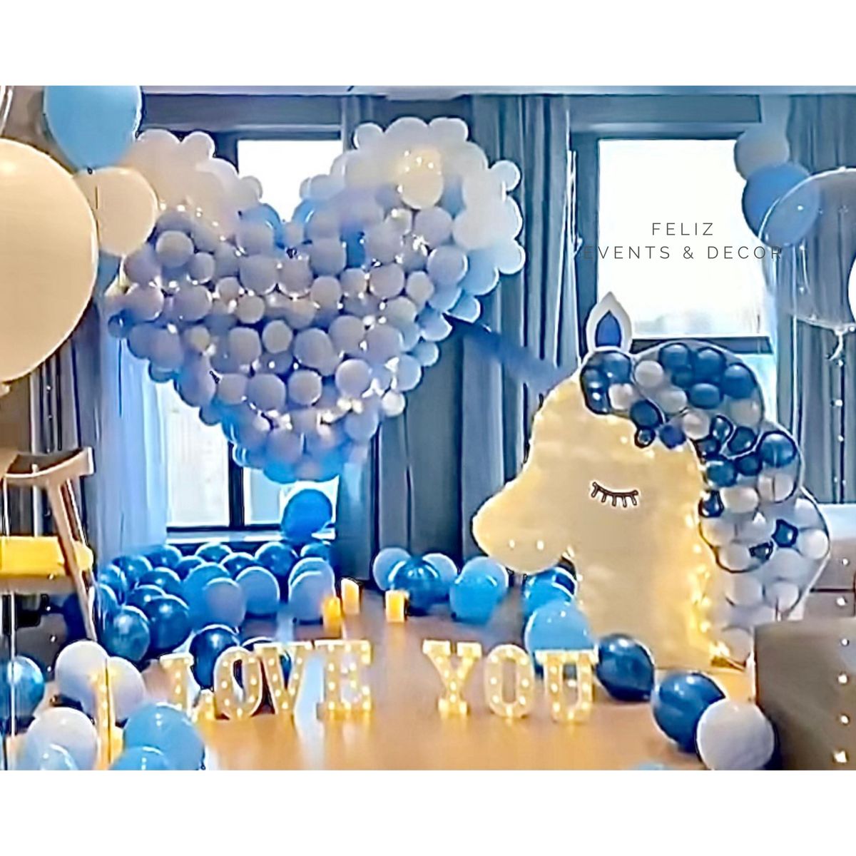 Dreamy Blue Unicorn Proposal Decoration Hong Kong, Giant Heart Balloon, I Love You Lights, Bubble Balloons, Macaron Blue, 香港求婚佈置, 獨角獸氣球, 巨型心形氣球, 專人上門佈置。