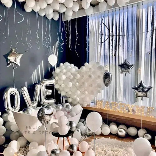 Romantic White Silver Proposal Decoration Hong Kong, Marry Me Letter Lights, Giant Heart Balloon, Love Balloon Stand, LED Candles, 香港求婚佈置, 白色銀色氣球, 求婚燈飾, 專人上門佈置。