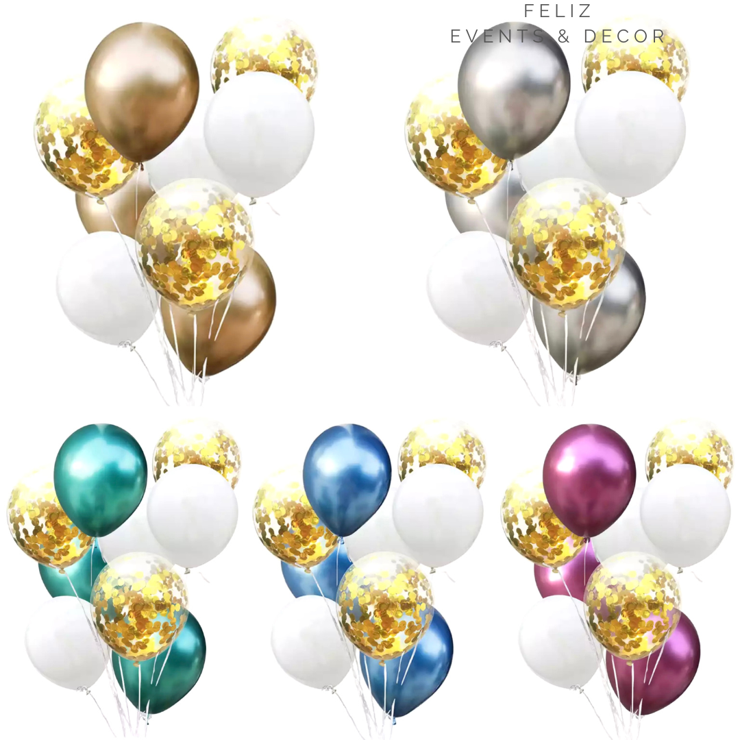 Elegant metallic and confetti balloon bouquet, 璀璨光影氣球束, 9 piece balloon set, 派對氣球佈置, 香港氣球, helium balloons HK, mixed texture balloons.