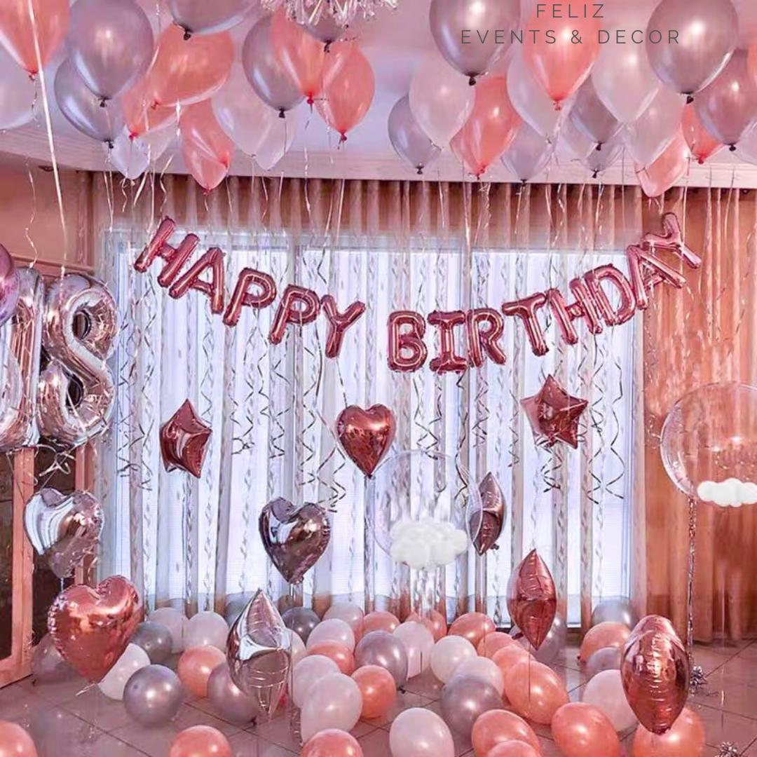 Classic Rose Gold and Silver Balloon Decoration Set, 32 inch Silver Number Balloons, Japanese Bubble Balloons, Rose Gold Happy Birthday Balloon, Pearl Rose Gold Helium Balloons, Foil Star and Heart Balloons, Hong Kong Balloon Decoration, Hong Kong Birthday Party Decor, 經典玫瑰金氣球佈置，香港氣球佈置，上門氣球佈置服務，生日派對氣球。