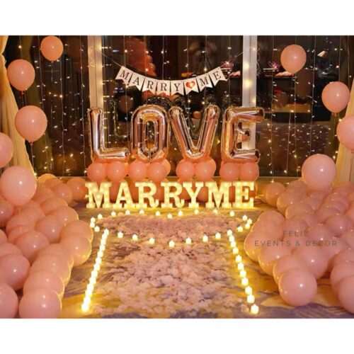 Romantic Pink Proposal Decoration Hong Kong, Silver LOVE Balloon Stand, Marry Me Lights, Macaron Pink Balloons, LED Candles, Hanging Lights, 香港求婚佈置, 銀色LOVE氣球, 粉紅色主題, 專人上門佈置。