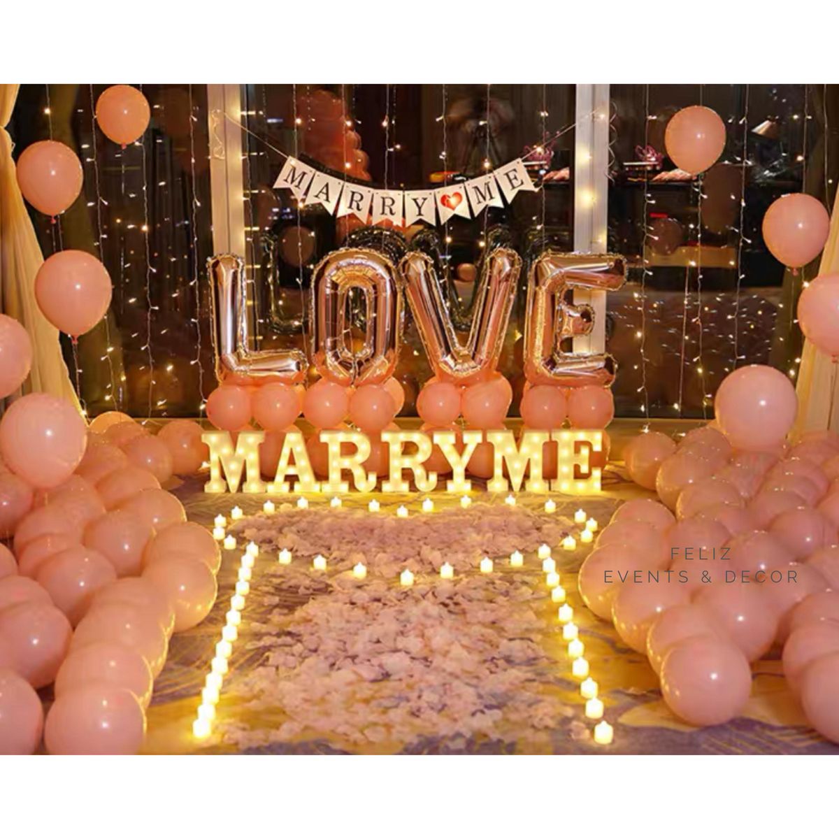 Romantic Pink Proposal Decoration Hong Kong, Silver LOVE Balloon Stand, Marry Me Lights, Macaron Pink Balloons, LED Candles, Hanging Lights, 香港求婚佈置, 銀色LOVE氣球, 粉紅色主題, 專人上門佈置。
