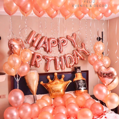 Classic Pearl Rose Gold Whiskey & Crown Party Set, Rose Gold Happy Birthday Balloon, Whiskey Foil Balloon, Glass Foil Balloon, Crown Foil Balloon, Pearl Rose Gold and Peach Balloons, Hong Kong Birthday Decor, 經典珠光玫瑰金微醺皇冠派對佈置，香港威士忌氣球，酒杯氣球，皇冠氣球，玫瑰金生日佈置，上門氣球佈置服務。