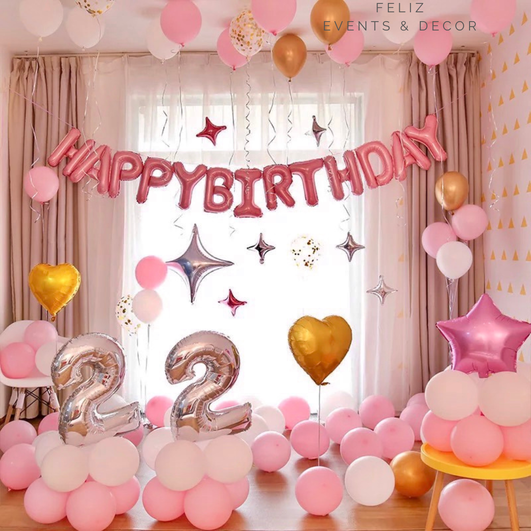 Pink and Gold Birthday Party Set Hong Kong, Matte Pink Balloons, Silver 4-Point Star Balloons, Gold Confetti Balloons, Silver Number Balloon Stand, Women's Birthday Decor, Romantic Balloon Styling, Helium Balloons Hong Kong, 香港氣球, 粉紅生日佈置, 閃片氣球, 四角星氣球, 數字氣球座。