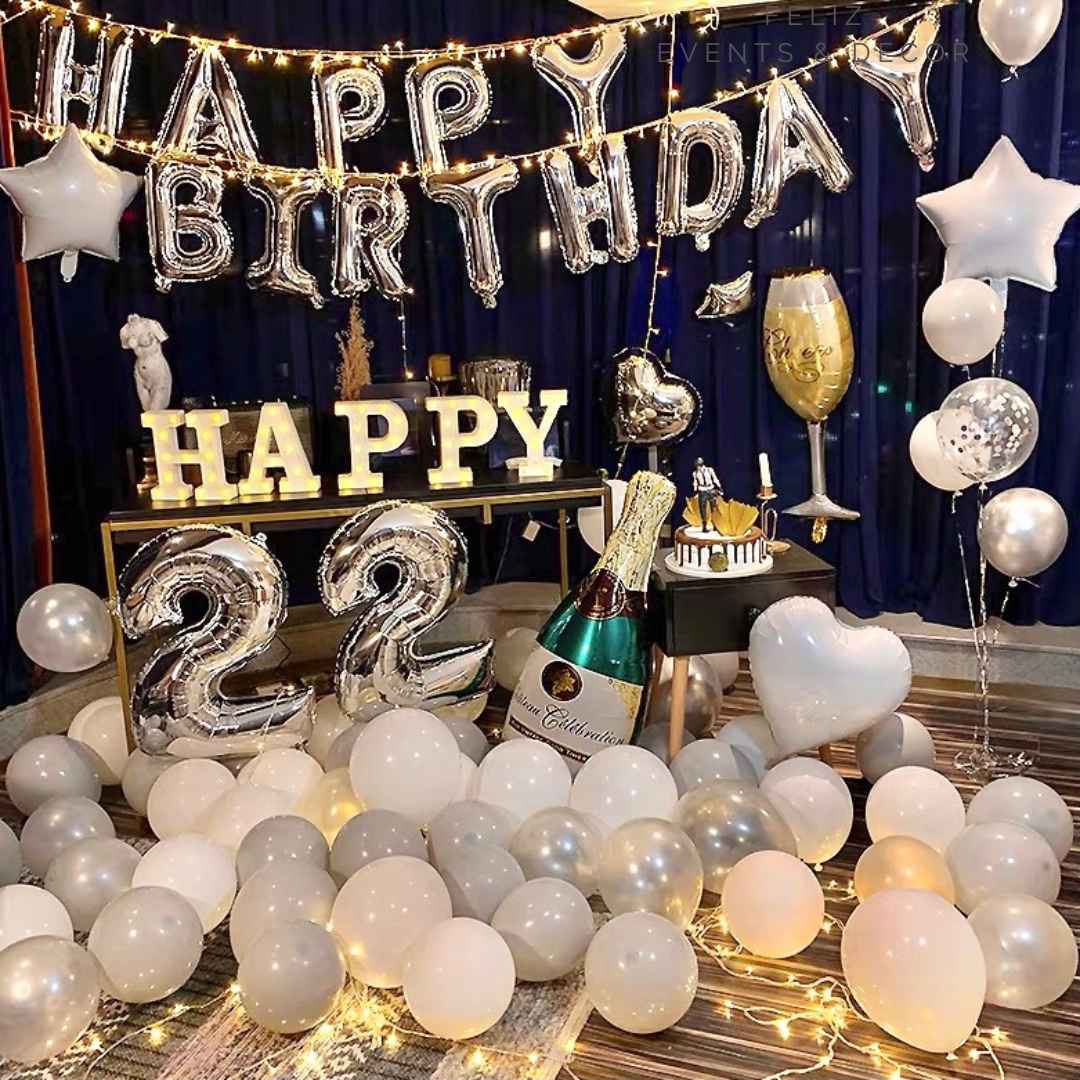 Silver and Grey Champagne Party Balloon Set Hong Kong, Silver Happy Birthday Balloons, Giant Number Balloons, Champagne Bottle Foil Balloon, Wine Glass Balloon, Men's Birthday Decor, Modern Party Styling, Helium Balloons Hong Kong, 香港氣球, 銀灰生日佈置, 香檳氣球, 數字氣球, 時尚派對。