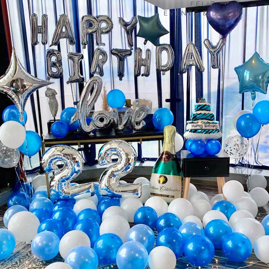 Blue and Silver Birthday Balloon Set, Champagne Bottle Foil Balloon, Blue Cake Balloon, Silver Happy Birthday, Helium Balloon Bouquet, Pearl Blue Balloons, Hong Kong Party Decor, 香港氣球佈置, 藍銀色生日派對, 香檳氣球, 氦氣球束, 上門氣球佈置。