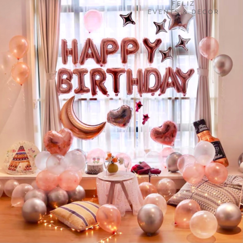 Rose Gold and Whiskey Birthday Party Set Hong Kong, Pearl Rose Gold Balloons, Whiskey Bottle Foil Balloon, Moon Balloon, Rose Gold Heart Stand, Adult Birthday Decor, Elegant Party Styling, Helium Balloons Hong Kong, 香港氣球, 玫瑰金生日佈置, 威士忌氣球, 月亮氣球, 輕奢派對。