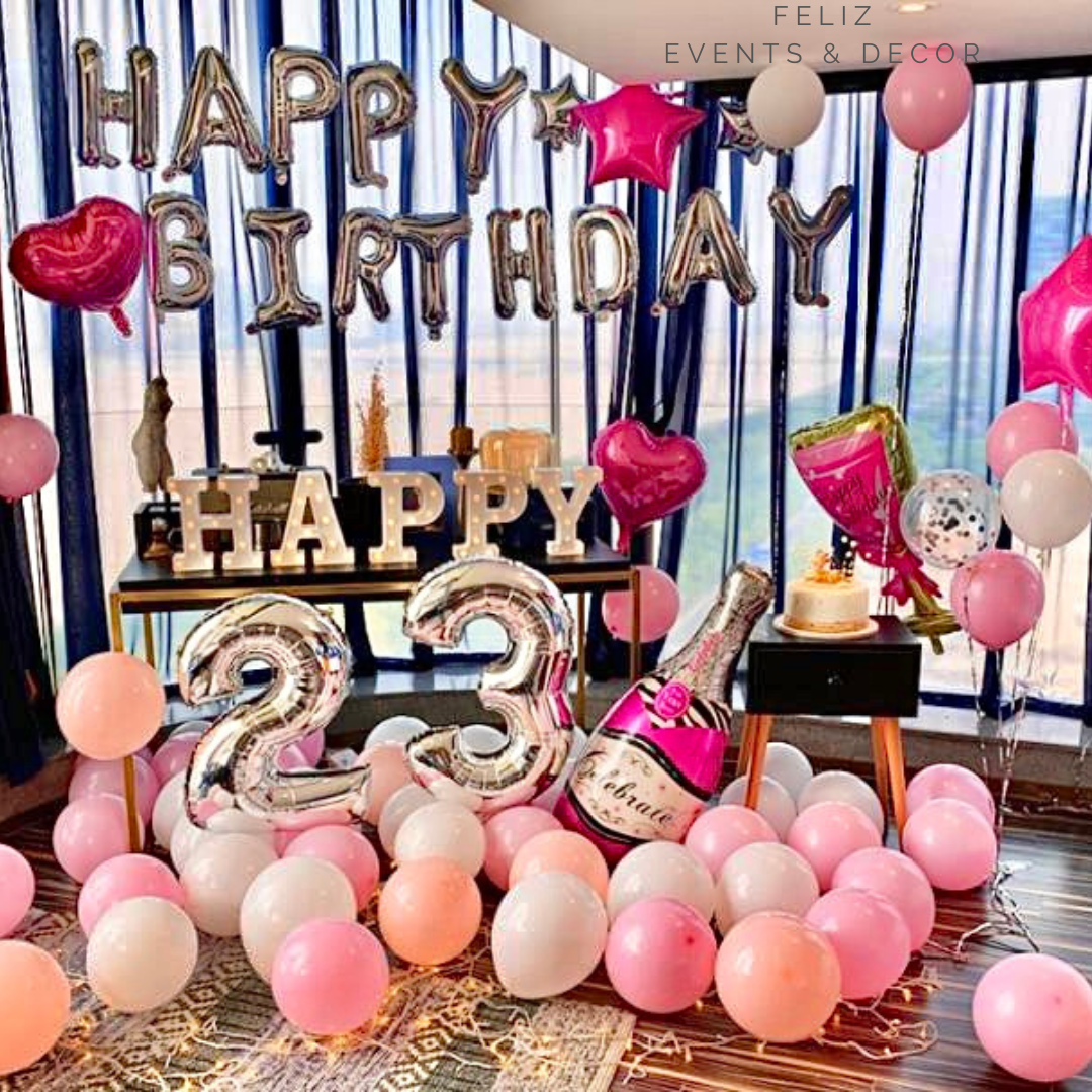 Pink and Silver Birthday Balloon Set, Pink Champagne Bottle Balloon, Wine Glass Foil Balloon, Silver Happy Birthday, Helium Balloon Bouquet, Matte Pink Balloons, Hong Kong Party Decor, 香港氣球佈置, 粉銀色生日派對, 香檳氣球, 氦氣球束, 上門氣球佈置, 女士生日佈置。