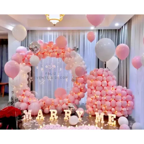 Romantic Pink Proposal Decoration Hong Kong, Giant Heart Balloon, Balloon Ring Structure, Marry Me Lights, Macaron Pink Balloons, LED Candles, 香港求婚佈置, 粉紅色主題, 巨型心形氣球, 專人上門佈置。