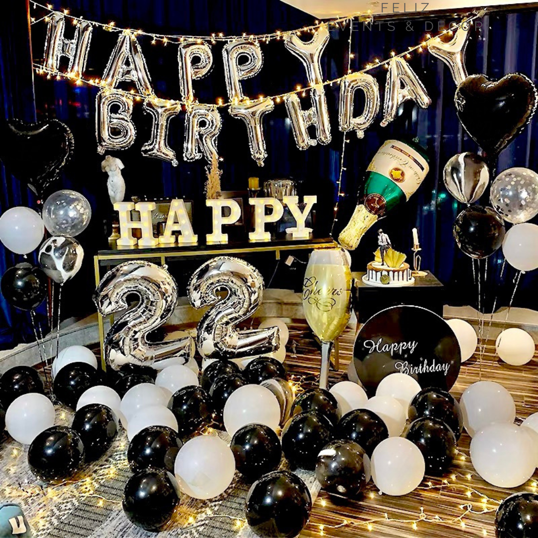 Stylish Black & Silver Champagne Celebration Set, Silver Happy Birthday Balloon, Champagne Foil Balloon, Glass Foil Balloon, Silver Number Balloon, Matte Black and White Balloons, Hong Kong Balloons, 香港氣球, 型格黑白銀香檳慶典派對佈置，香港香檳氣球，酒杯氣球，數字氣球，黑白生日佈置，上門氣球佈置服務。