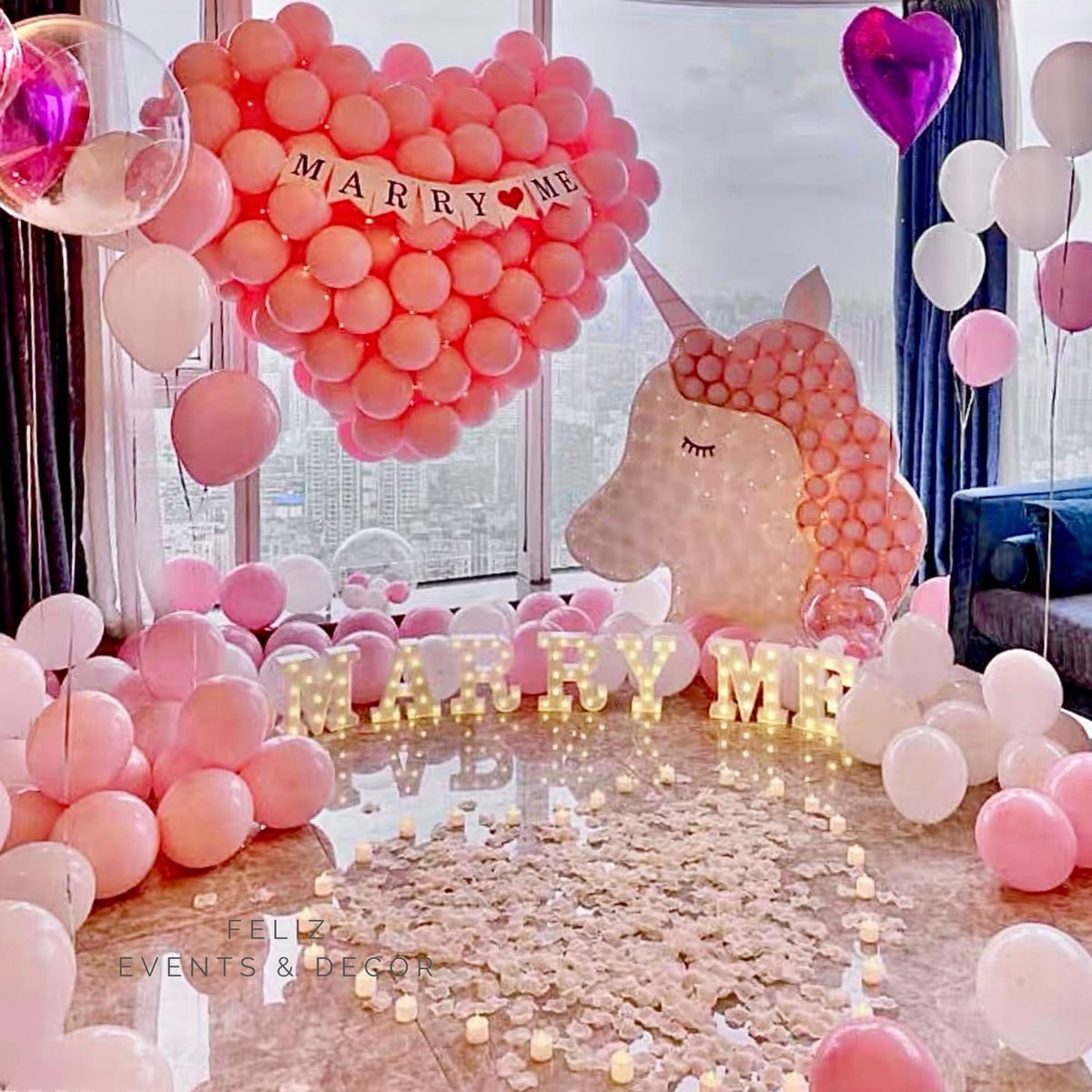 Dreamy Pink Unicorn Proposal Decoration Hong Kong, Giant Heart Balloon Structure, Marry Me Lights, Bubble Balloons, Macaron Pink Balloons, LED Candles, 香港求婚佈置, 巨型獨角獸氣球, 粉紅色主題, 專人上門佈置。