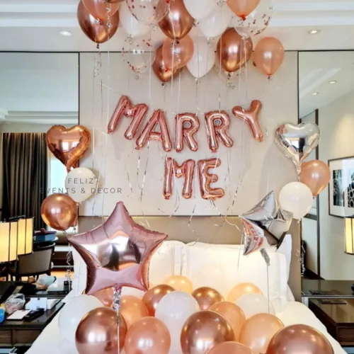 Rose Gold Marry Me Proposal Balloon Set Hong Kong, Marry Me Foil Balloons, Pearl Rose Gold Helium Balloons, Heart and Star Foil Balloons, Romantic Proposal Decor, Helium Balloons Hong Kong, 香港氣球, 玫瑰金求婚佈置, Marry Me氣球, 浪漫求婚, 鋁膜氣球。