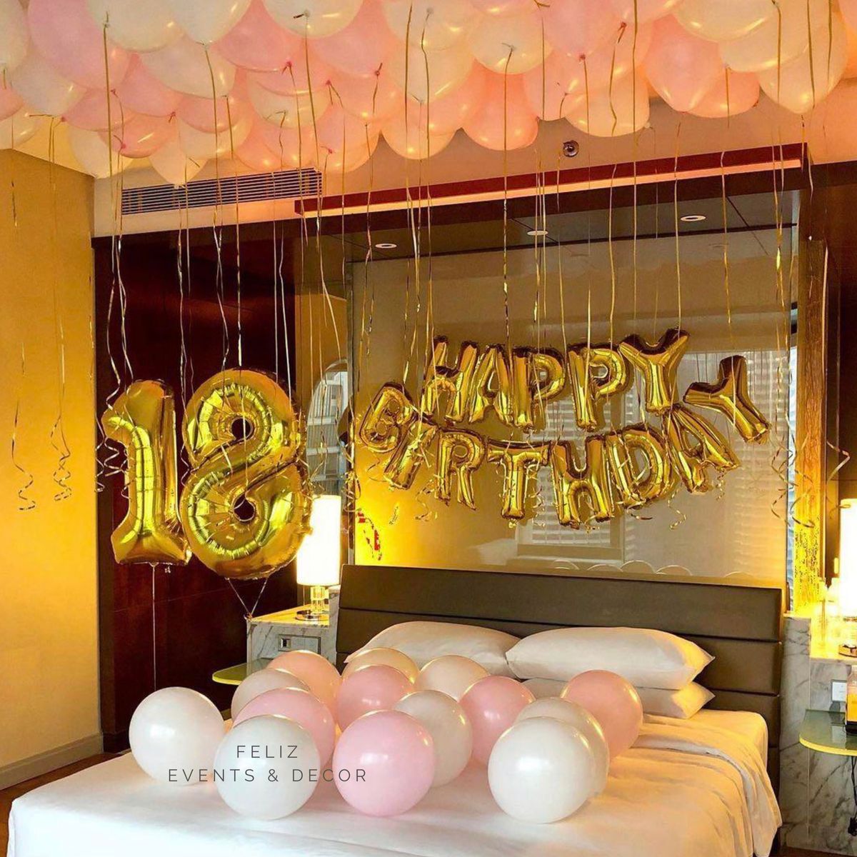 Pink and Gold Birthday Party Set Hong Kong, Balloon Ceiling Decor, 18th Birthday Balloons, Gold Number Balloons, Happy Birthday Banner, Bedroom Surprise Styling, Helium Balloons Hong Kong, 香港氣球, 酒店房生日佈置, 粉色氣球, 少女心派對, 氣球天花板。