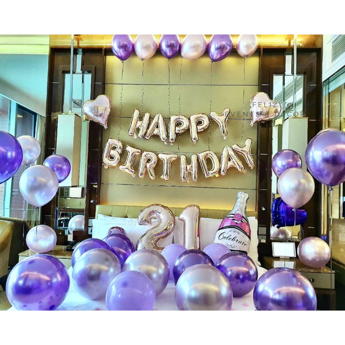 Metallic Purple and Silver Birthday Party Set Hong Kong, Silver Happy Birthday Balloons, Giant Champagne Balloon, Chrome Purple Balloons, Semi-floating Helium Balloons, Chic Birthday Decor, Adult Party Styling, 香港氣球, 金屬紫生日佈置, 銀色生日氣球, 香檳氣球, 型格派對。