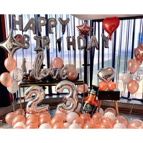 Rose Gold Whisky and Silver Birthday Party Set Hong Kong, Whisky Foil Balloon, Silver Number Balloons, Rose Gold Helium Bouquets, Pearl Rose Gold Latex Balloons, Adult Birthday Decor, 玫瑰金威士忌氣球佈置, 香港氣球, 數字氣球, 成人生日派對, 氦氣球束, 珠光玫瑰金氣球。