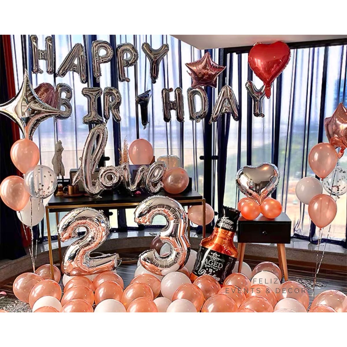 Rose Gold Whisky and Silver Birthday Party Set Hong Kong, Whisky Foil Balloon, Silver Number Balloons, Rose Gold Helium Bouquets, Pearl Rose Gold Latex Balloons, Adult Birthday Decor, 玫瑰金威士忌氣球佈置, 香港氣球, 數字氣球, 成人生日派對, 氦氣球束, 珠光玫瑰金氣球。