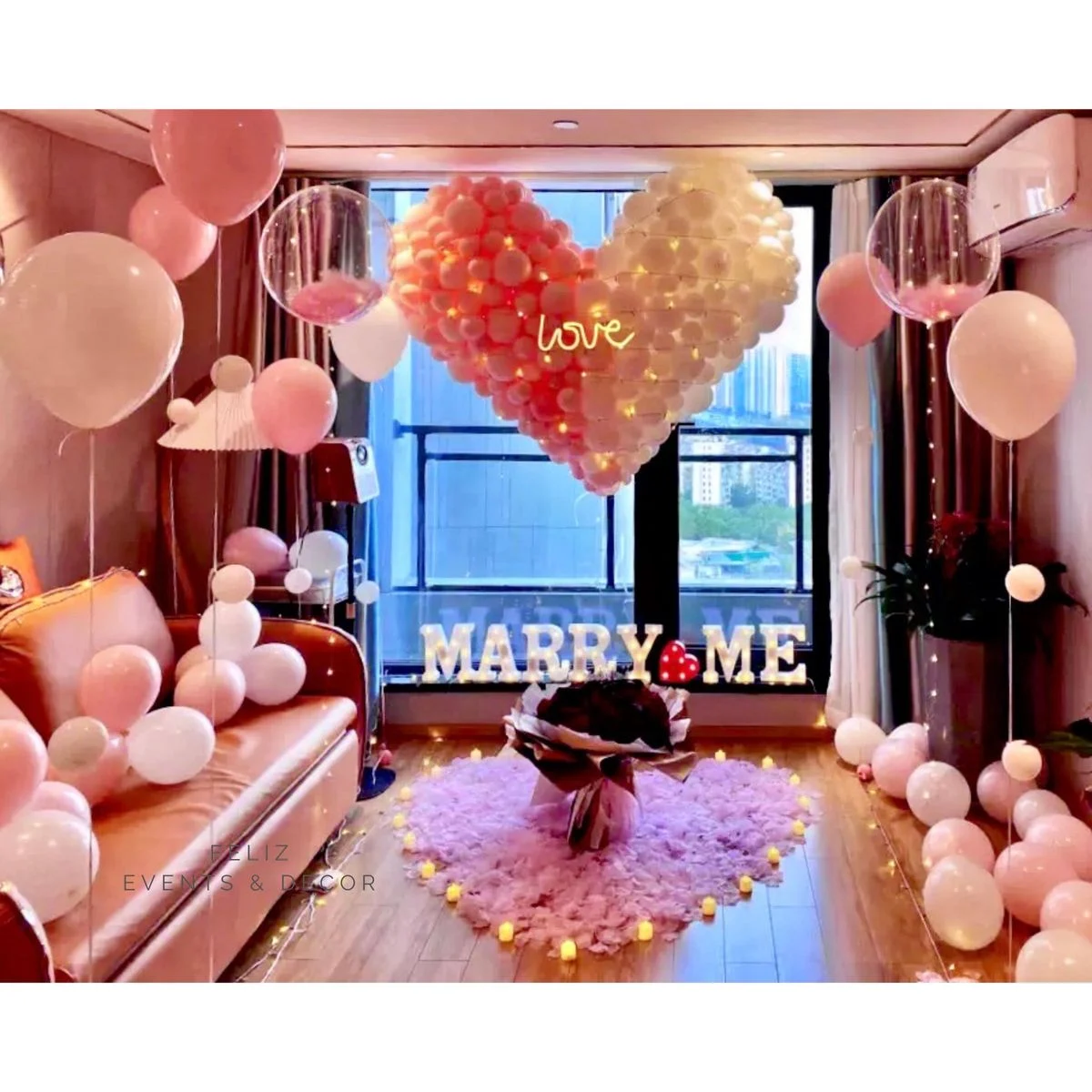 Romantic Proposal Decoration Hong Kong, Marry Me Lights, Giant Heart Balloon Structure, Pink and White Balloons, Bubble Balloons, LED Candles, 香港求婚佈置, MARRY ME 字母燈, 巨型心形氣球, 水晶氣球, 專人上門佈置。